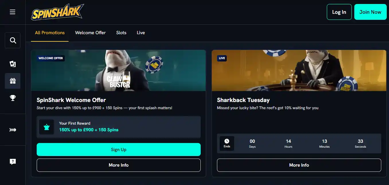 Current SpinShark promotions page with welcome offer and recurring deals