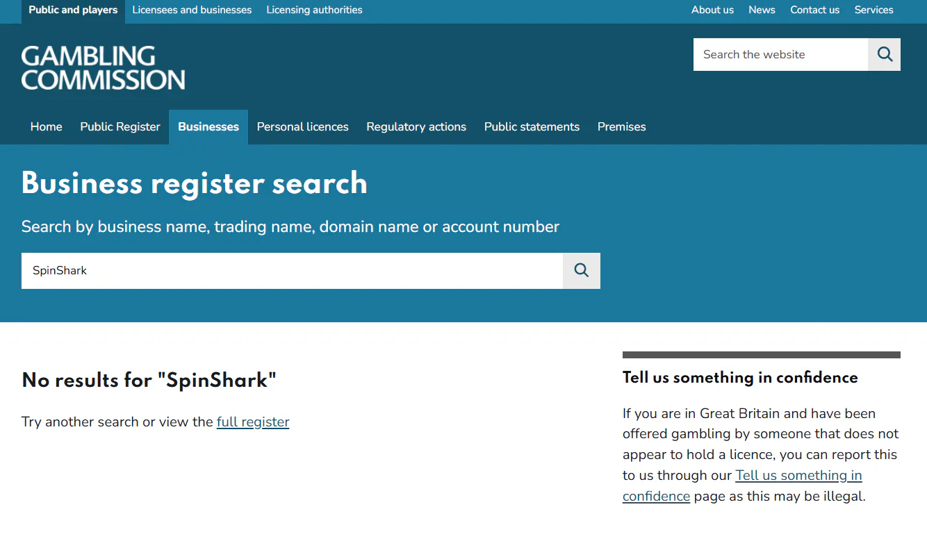 UK Gambling Commission public business register search used for the SpinShark licence check