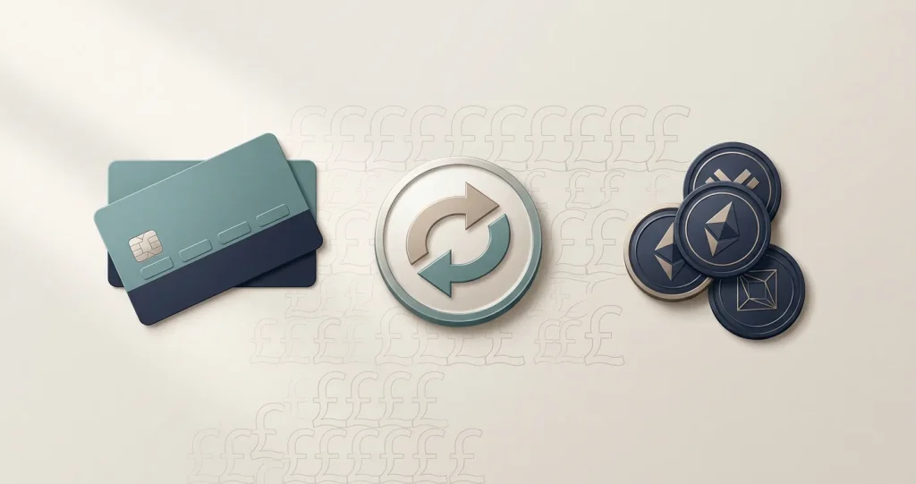 Conceptual GBP casino payment illustration with debit card, bank transfer and cryptocurrency symbols