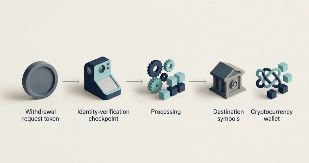 Conceptual withdrawal flow from request through verification and processing to a bank or crypto destination