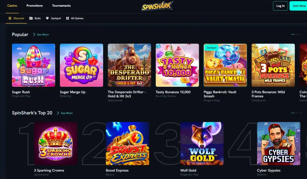 Current SpinShark games catalogue with game categories and provider filtering visible