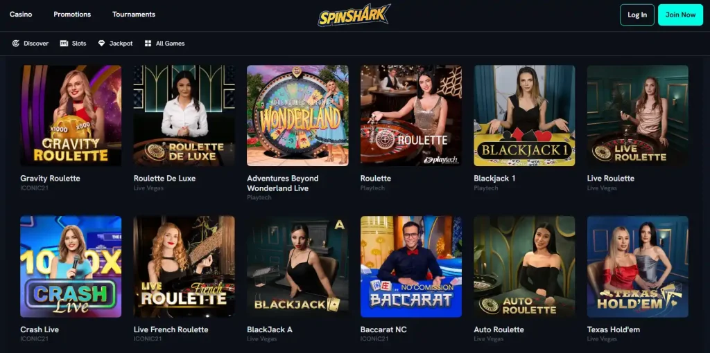 Current SpinShark live casino lobby with provider and live game navigation visible