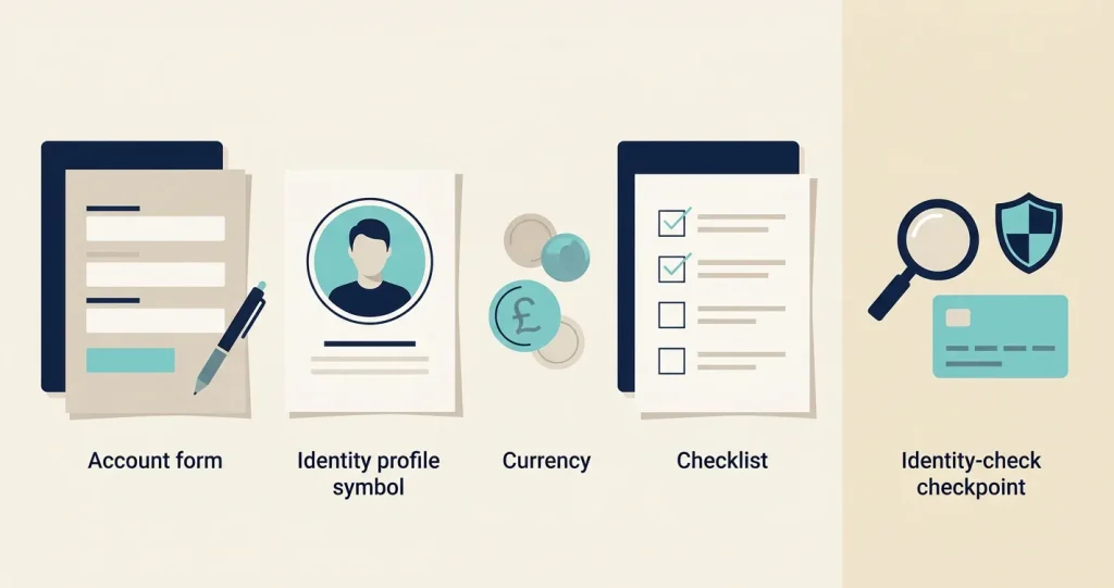 Neutral account registration checklist with form, GBP, terms and identity verification symbols