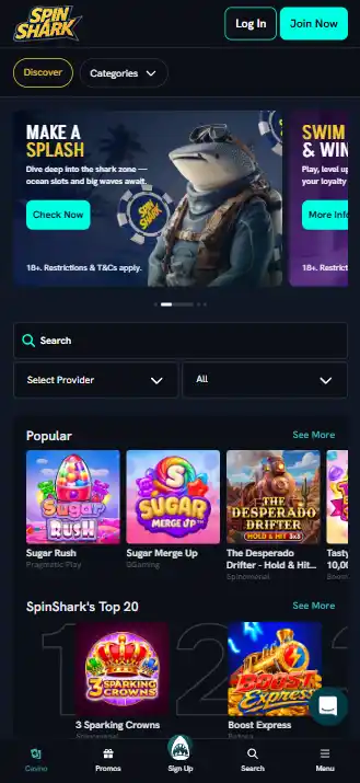 SpinShark official website displayed in a mobile browser viewport