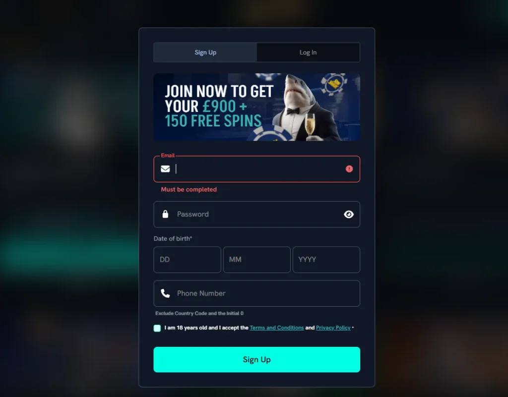 SpinShark welcome-offer panel showing the current first-deposit promotion