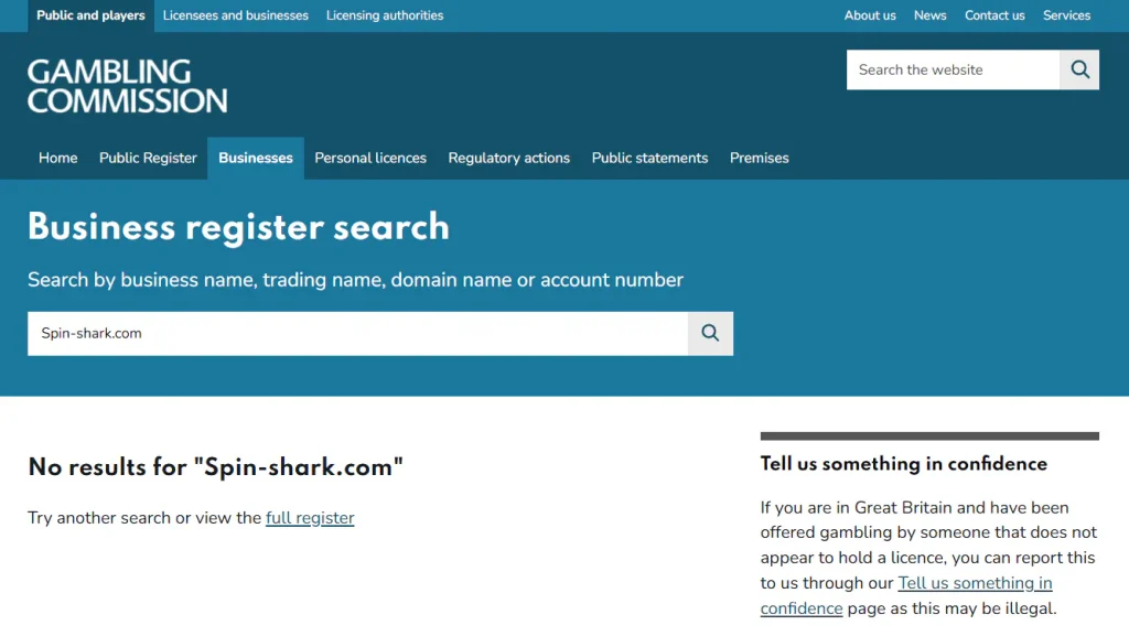 UK Gambling Commission business register used to check SpinShark licensing